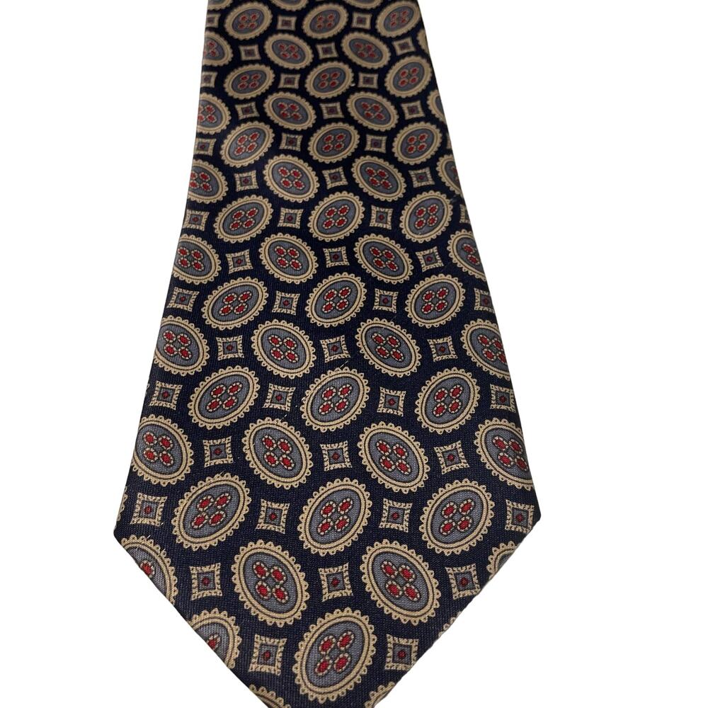 Vintage Merceds Hand Made 100% Silk Tie Navy Cream and Red Geometric Design EUC - Picture 4 of 8